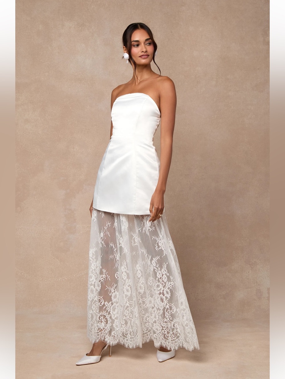 Lulu's Strapless White Satin Mini Dress with Lace Overlay Skirt